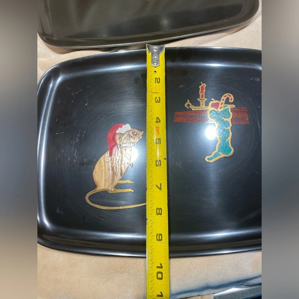 Vintage Couroc Christmas Mouse Inlay Serving Trays Black Lacquer Rectangle